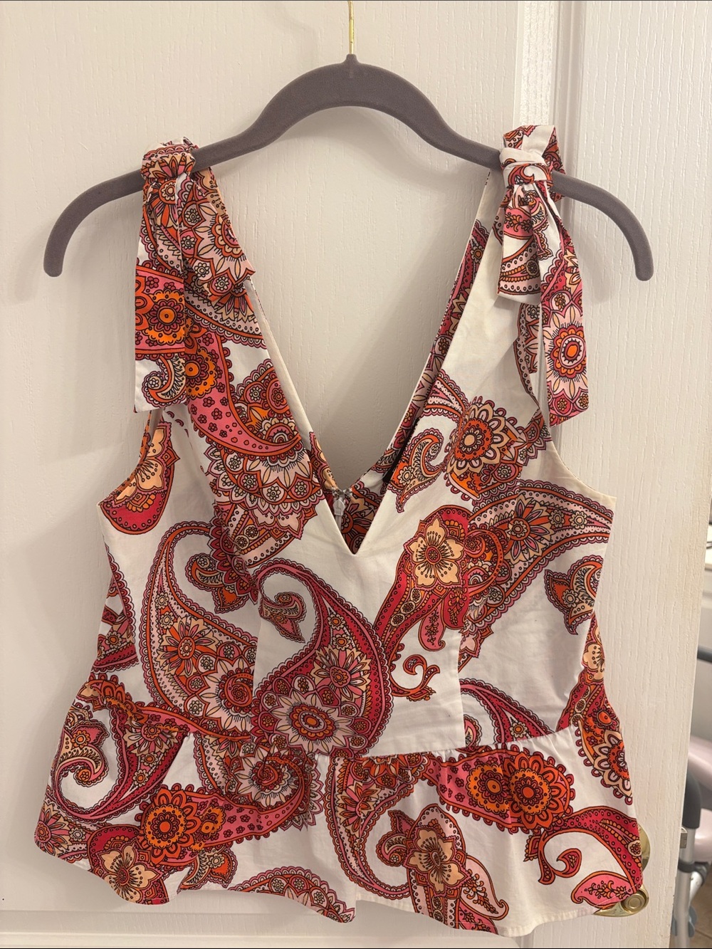 Paisley Tie-Shoulder V-Neck Peplum Tank in White, Pink & Orange